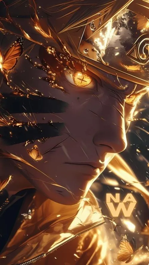 Hình anime Naruto cận mặt nửa tối, ánh kim rơi dày, cảm giác bí ẩn và rất căng.