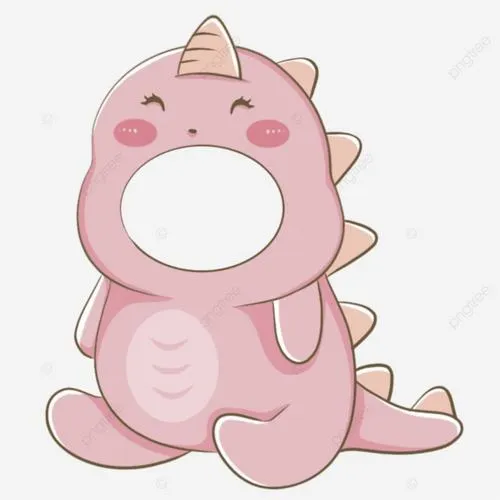 Chibi khủng long hồng bụng tròn, mặt trống sạch, ghép ảnh là thành nhân vật.