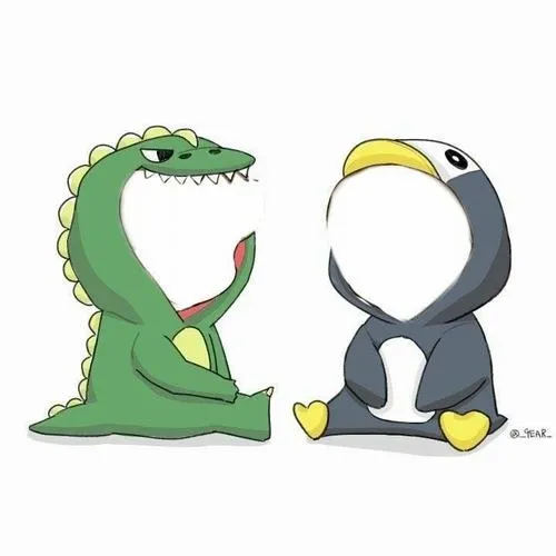 Bộ đôi chibi cá sấu và chim cánh cụt, khung mặt trống, hợp ảnh cặp bạn thân.