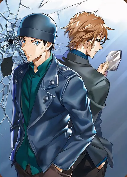 Ảnh anime Akai Shuichi đứng lưng tựa đồng đội, áo khoác da đen, ánh mắt lạnh, vibe ngầu.