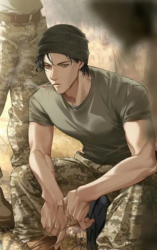 Hình 4K Akai Shuichi ngồi dựa gốc cây, bóng đổ sâu, tông xám trầm, cảm giác tĩnh lặng.