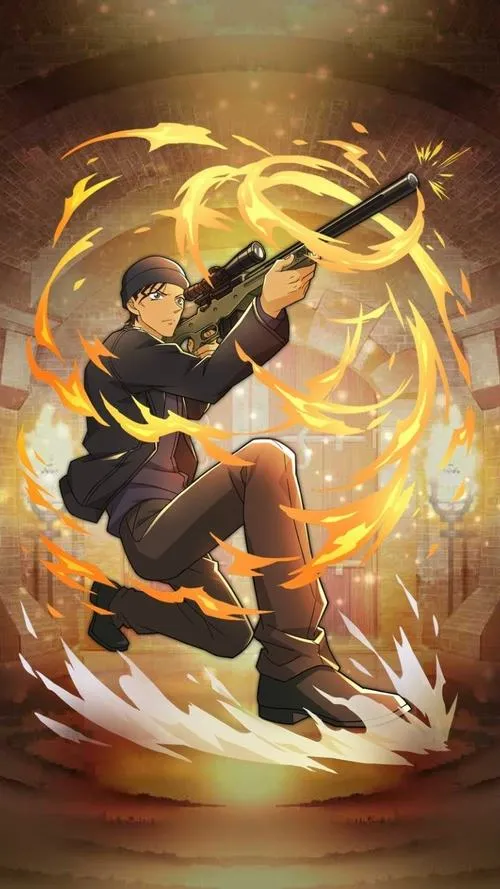 Ảnh fanart Akai Shuichi lao qua vòng lửa, chuyển động mạnh, nền tối, nổi bật khí chất truy kích.