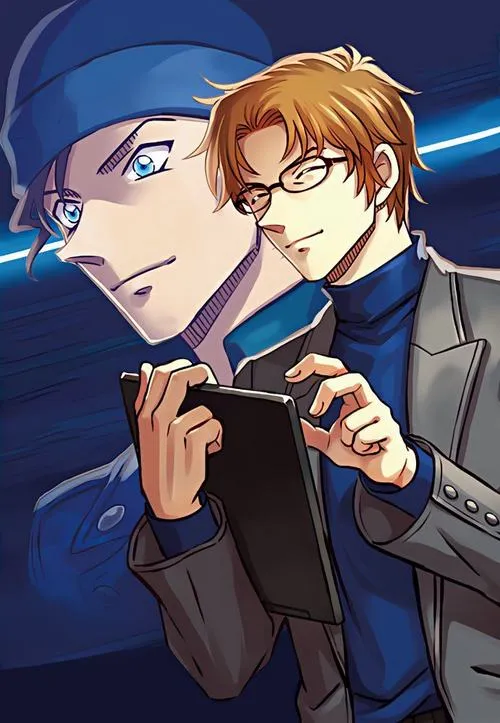 Hình nền điện thoại Akai Shuichi đối diện đồng minh, tông xanh lạnh, ánh nhìn sắc, không khí căng.