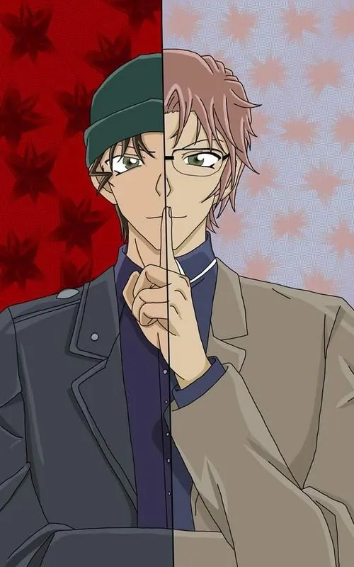 Ảnh anime Okiya Subaru che nửa mặt, kính cận sáng, thần thái hiền mà bí, nền đỏ nổi bật.