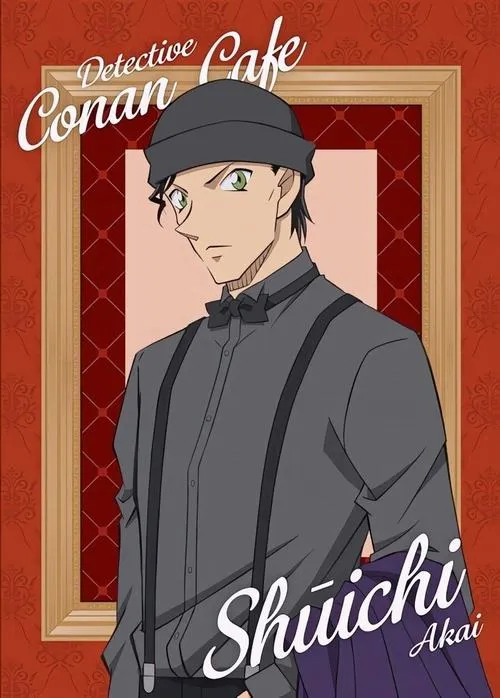 Hình Akai Shuichi kiểu poster quán cà phê, khung viền đỏ, mũ len, ánh mắt trầm.