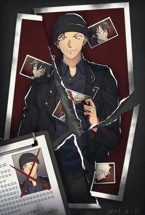 Hình nền Akai Shuichi đứng thẳng, áo khoác dài, bao đàn guitar, bố cục dọc hợp ảnh bìa.