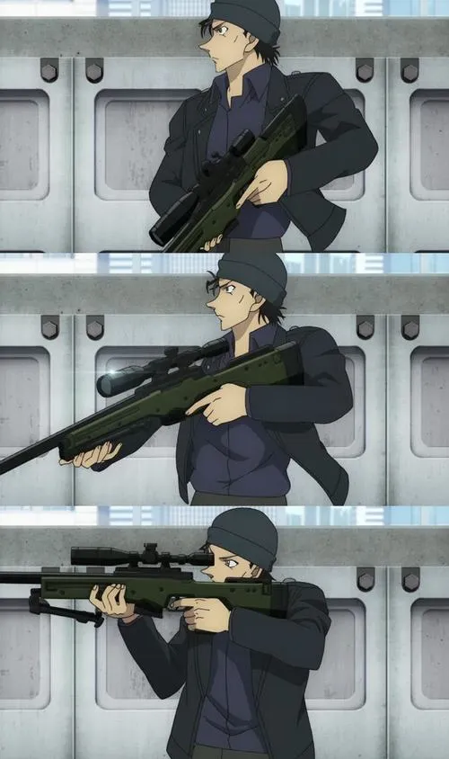 Ảnh anime Akai Shuichi bắn tỉa theo chuỗi động tác, nền xám công nghiệp, nhịp hành động dồn.