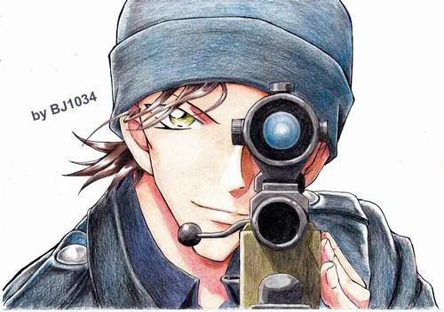 Avatar Akai Shuichi ngắm bắn trực diện, ống ngắm che một mắt, quầng thâm rõ, cực căng.