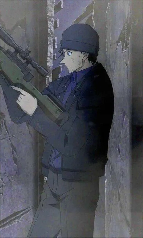 Hình nền điện thoại Akai Shuichi áp sát tường, súng sẵn tay, bóng đổ sâu, không khí rình rập.