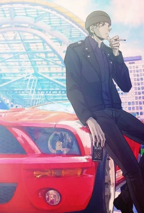 Ảnh bìa Akai Shuichi ngồi cạnh xe đỏ, dáng thư thái, ánh mắt xa, chất trinh thám rõ.