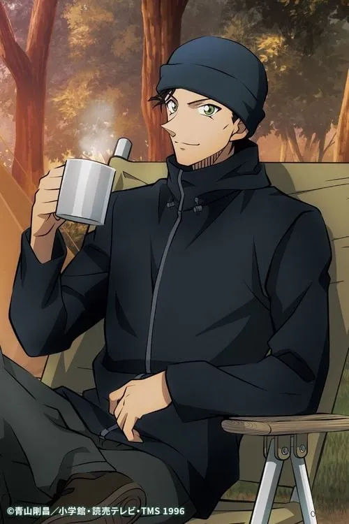 Hình anime Akai Shuichi ngồi ghế gỗ, cầm cốc nóng, nền thu vàng, cảm giác yên mà lạnh.