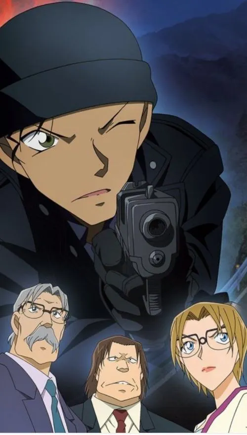 Ảnh anime Akai Shuichi cầm súng trước, đồng đội phía sau, ánh sáng lạnh, đúng vibe truy kích.