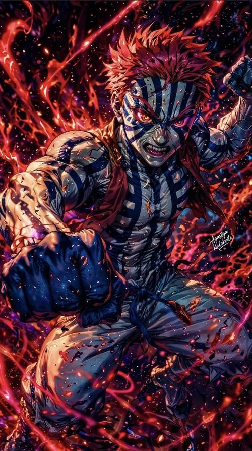 Hình Akaza lao tới tung đấm, nền đỏ rực và khói bụi làm khung hình cực kịch tính.