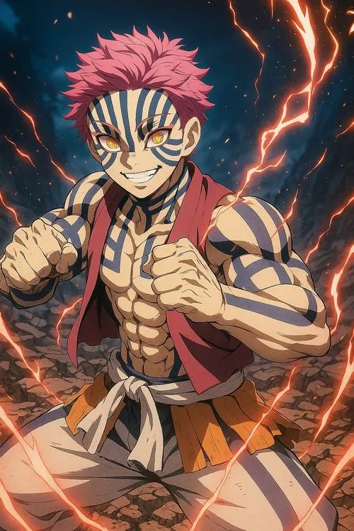 Ảnh Akaza siết nắm đấm, tia sáng cam quấn quanh, biểu cảm lạnh khiến người xem chột dạ.