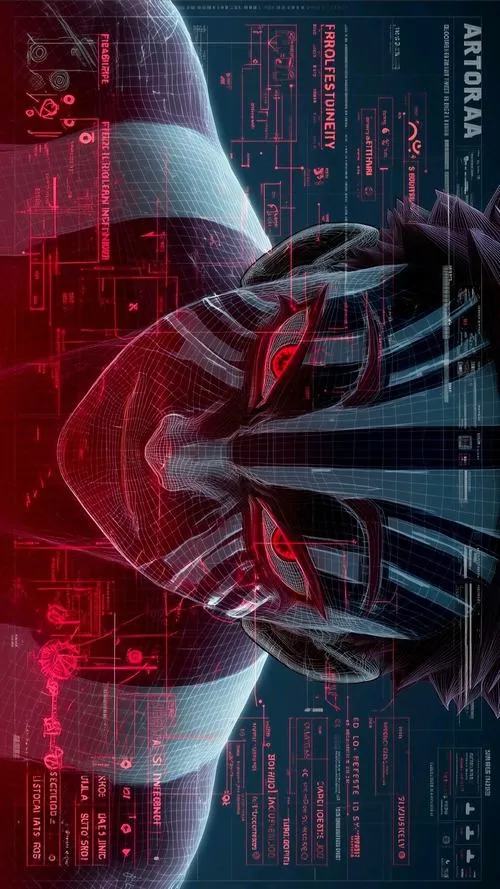 Bức bóng Akaza trong mảng đỏ phản chiếu, đường nét tối giản mà vẫn gợi áp lực âm ỉ.