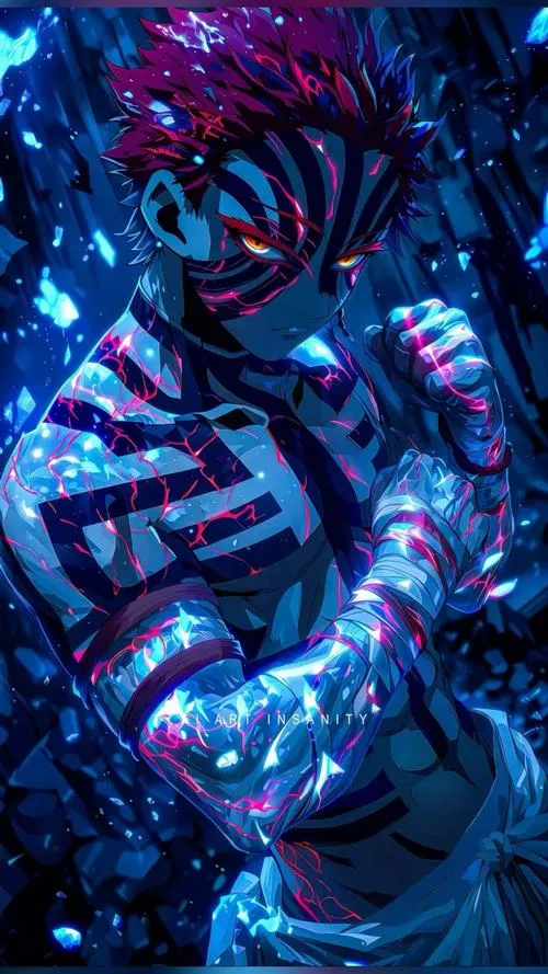 Tấm Akaza cận mặt trong ánh xanh, dấu ấn phát sáng và hạt bụi làm không khí đặc quánh.