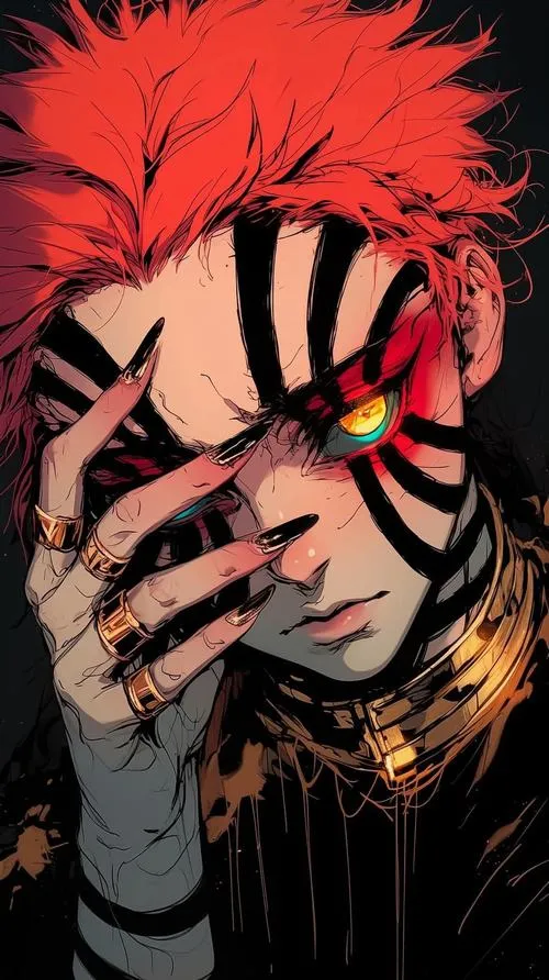 Hình Akaza che một phần mặt, ánh mắt lóe sắc, nền tối nhấn cảm giác bí hiểm và căng.