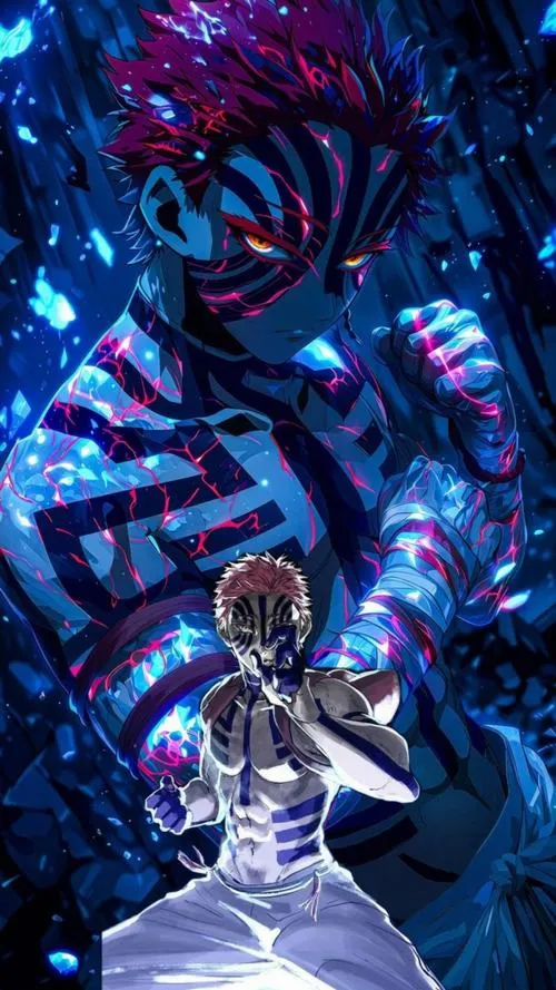 Ảnh Akaza nhỏ giữa khối năng lượng xanh lớn, tương phản mạnh tạo vibe bị áp đảo thị giác.