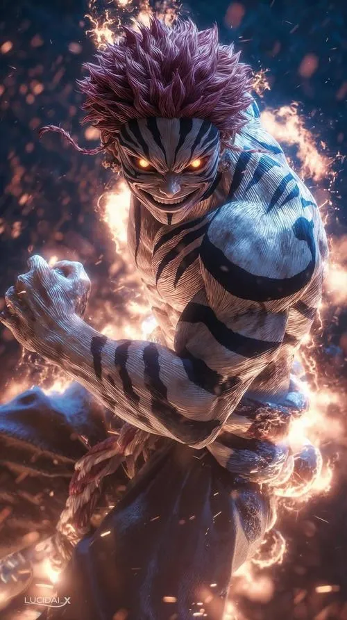 Tấm Akaza tung quyền giữa ánh nâu vàng, cơ tay nổi rõ, khói bụi bay dày phía sau.