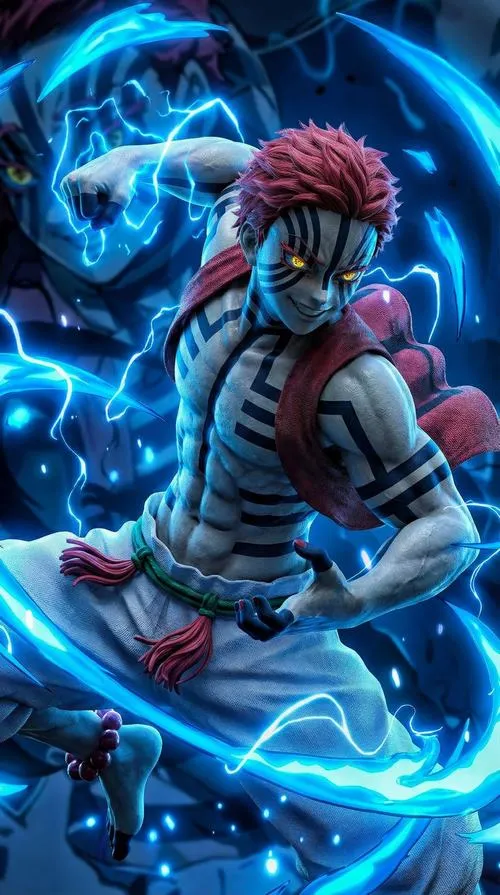 Hình Akaza thủ thế giữa vòng xoáy xanh, ánh viền lạnh ôm vai tạo cảm giác điện ảnh.