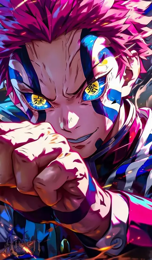 Ảnh Akaza nhìn nghiêng, tay siết trước mặt, màu hồng tím gắt làm biểu cảm càng sắc.