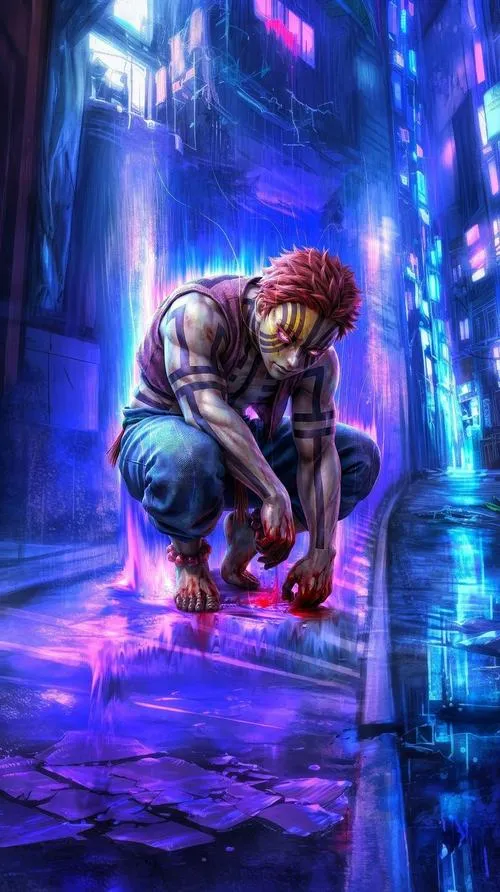 Bức Akaza quỳ trong ngõ tím neon, nền tối sâu và sương mờ tạo chất lạnh lẽo.