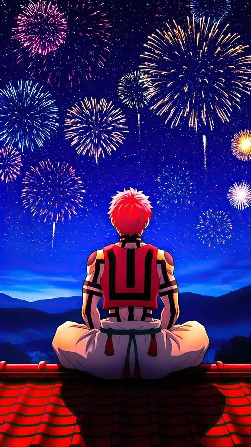 Ảnh Akaza ngồi tĩnh giữa đêm pháo hoa, nền tối sâu tạo cảm giác lạnh và nén.