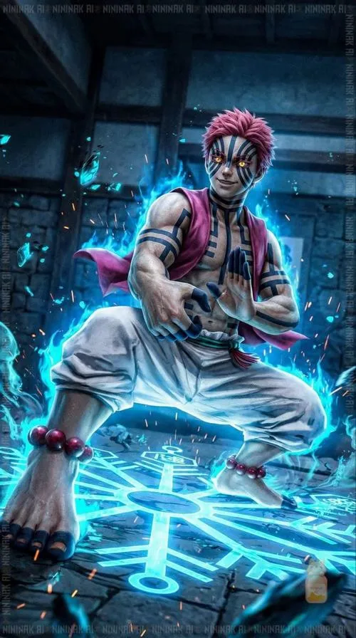 Tấm Akaza ngồi trên nền sáng xanh, họa tiết dưới chân phát quang, khí chất bình thản đáng sợ.