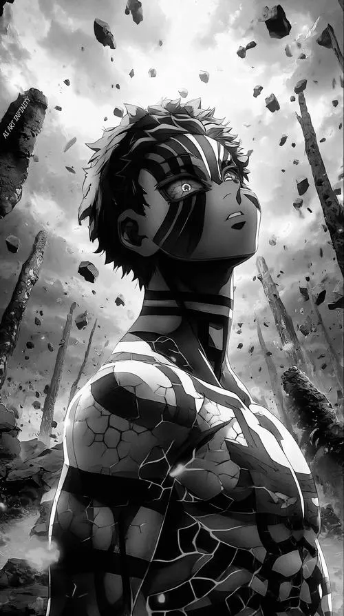 Hình Akaza đen trắng quỳ gối, tương phản mạnh làm dấu ấn và đường cơ hiện rất rõ.