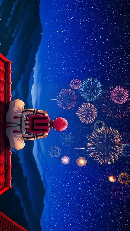 Ảnh cảnh đêm pháo hoa xanh đỏ, Akaza ngồi nhìn xa tạo cảm giác lặng im mà nặng.