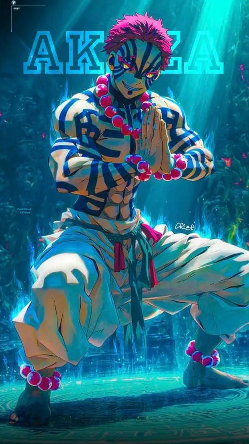 Bức Akaza đứng giữa ánh cyan rực, nền tối tương phản giúp tóc hồng và vân xanh nổi bật.