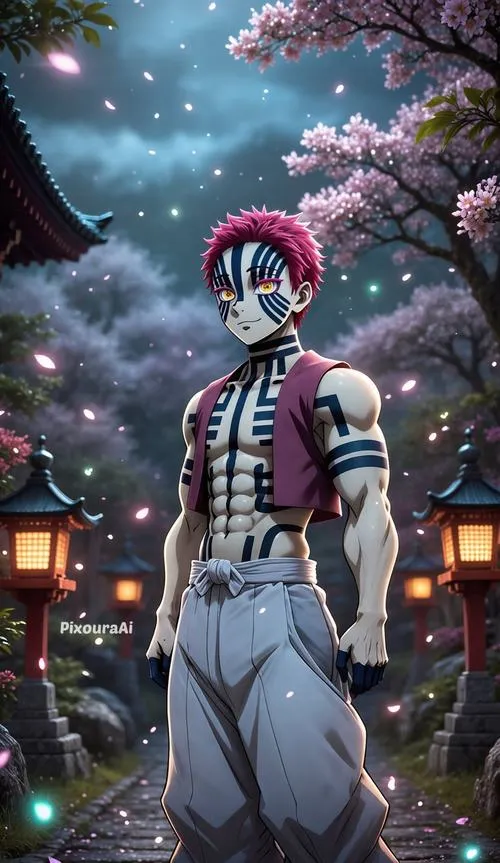 Hình Akaza đứng dưới hoa anh đào, nền đêm yên nhưng ánh mắt vẫn toát vẻ đối kháng.