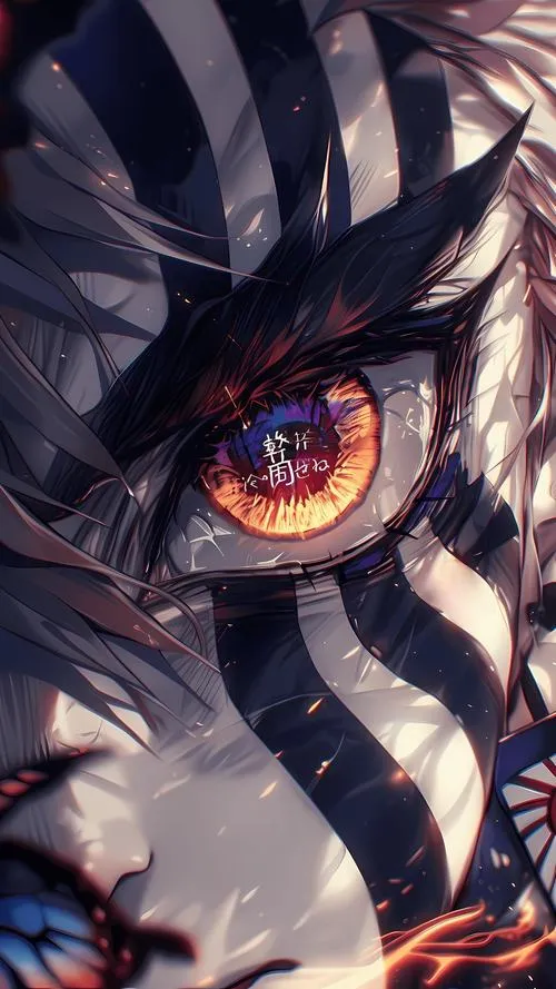 Hình cận mắt Akaza với đường vân xanh, chi tiết sắc bén khiến ánh nhìn như xuyên thấu.