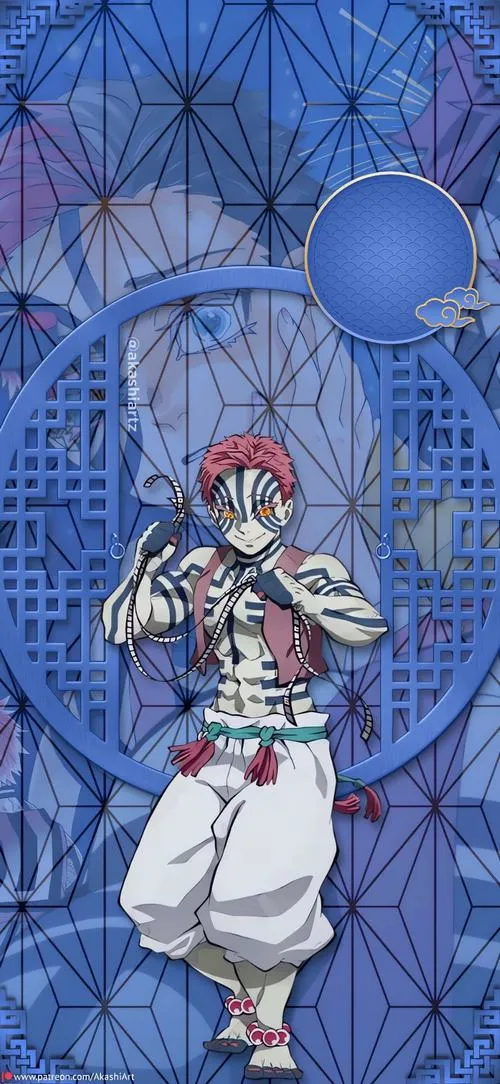 Bức Akaza đứng thẳng trên họa tiết xanh, dấu ấn rõ nét, ánh viền nhẹ tôn cơ bắp.