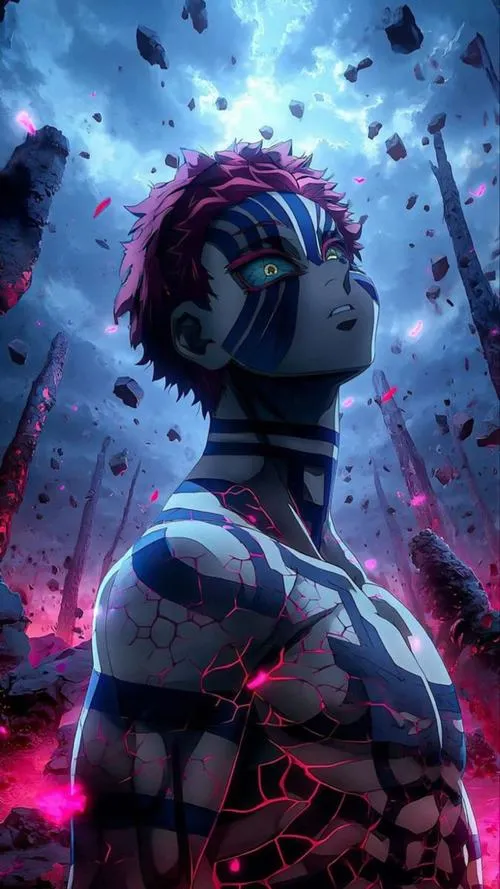 Ảnh Akaza quay lưng giữa hạt tuyết bay, nền xanh lạnh và bóng đổ tạo cảm giác cô độc.