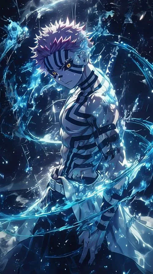 Hình Akaza phủ năng lượng xanh lạnh, nền tối tương phản khiến đường vân nổi bật hơn.