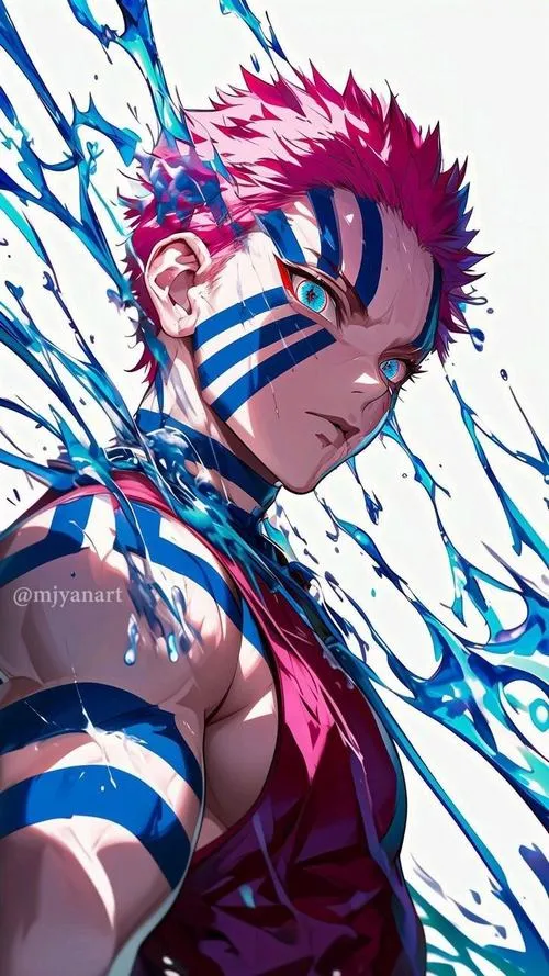 Ảnh cận Akaza góc nghiêng, tóc hồng và dấu ấn xanh sắc, ánh mắt nhìn thẳng rất gắt.