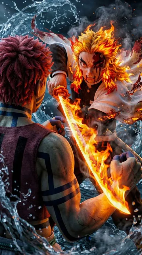 Tấm cảnh Akaza đối đầu trong lửa rực, khói bụi dày tạo cảm giác trận chiến sát nút.