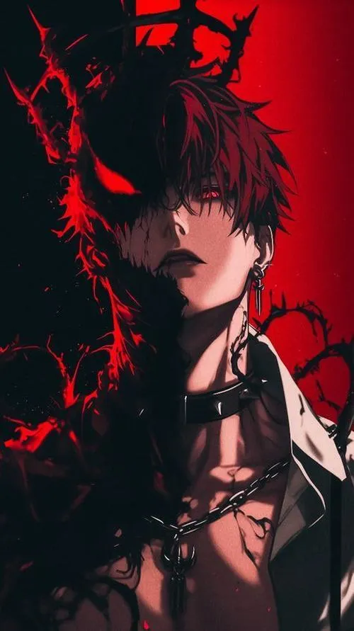 Bộ ảnh nam anime có chi tiết hình xăm, dây xích và ánh sáng neon tối