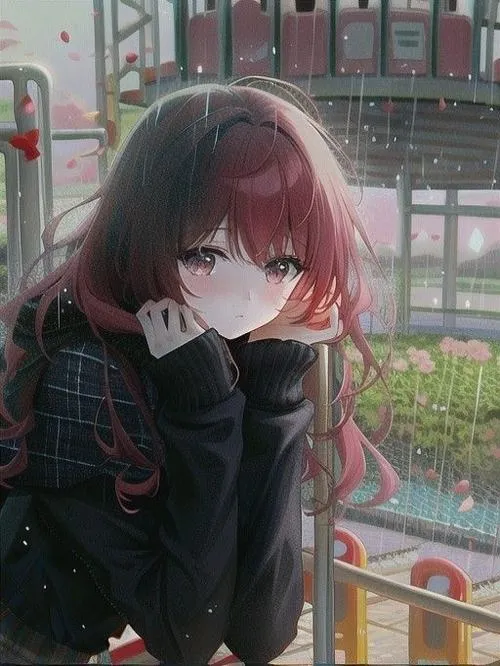 Ảnh nhân vật nữ anime cô đơn dưới bối cảnh đêm mưa rơi lặng lẽ