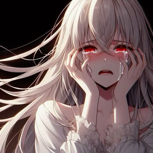 Ảnh anime nữ khóc với má ửng và môi mím