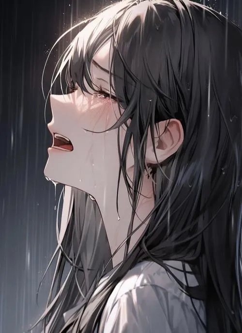 Hình ảnh anime mưa đêm dưới mái hiên với ô dù khép