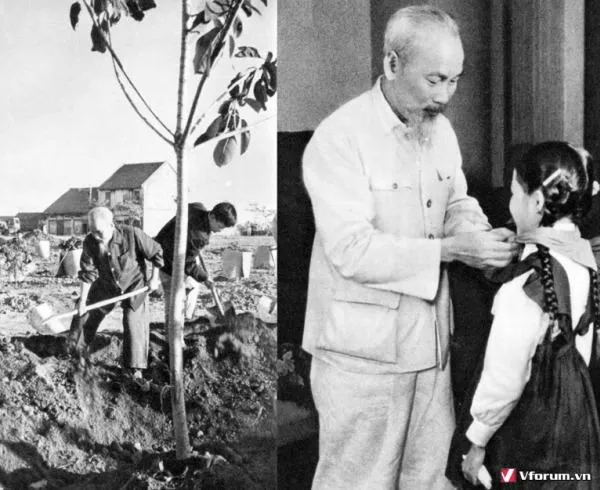 Thiếu nhi mang khăn quàng đỏ đứng cạnh Bác Hồ