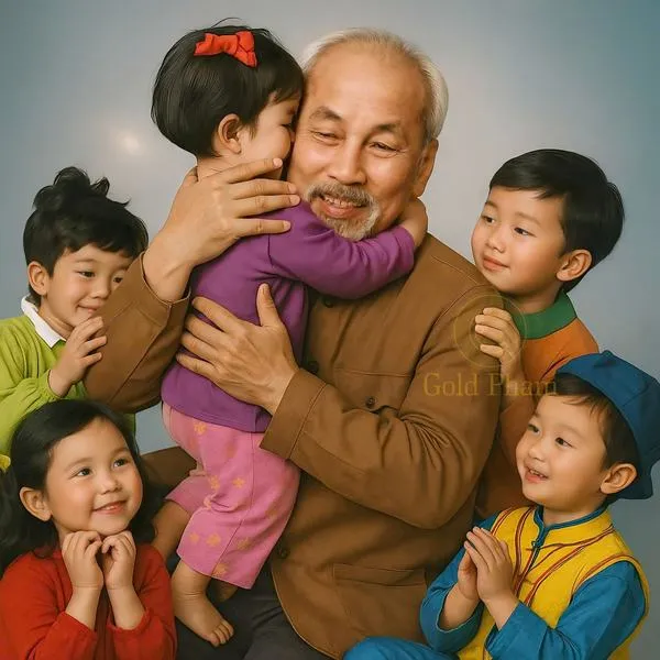 Ảnh Bác Hồ bên trẻ em lưu lại khoảnh khắc thân quen