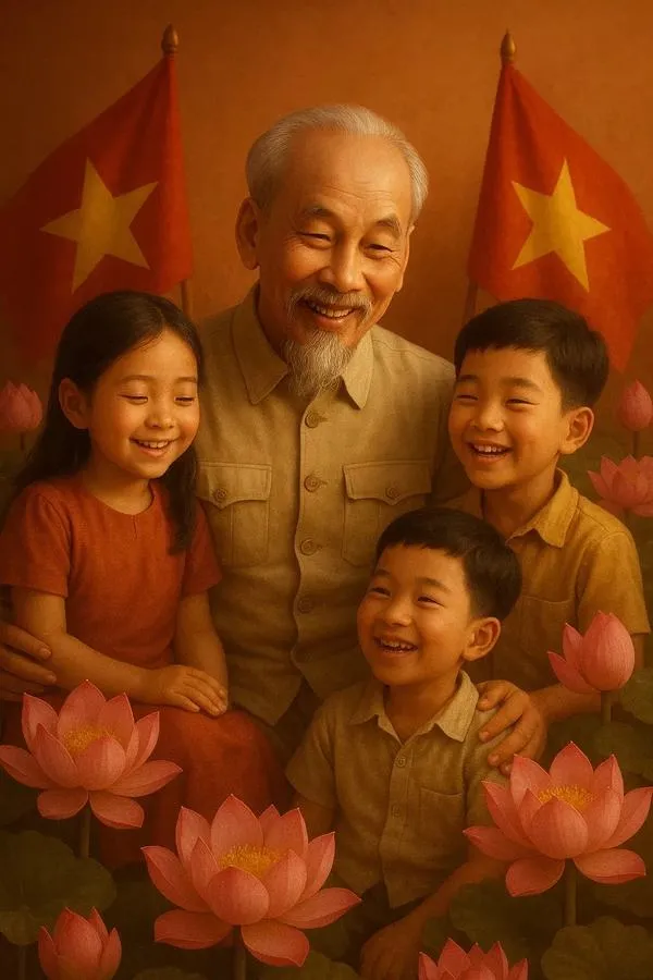 Bác Hồ đứng cạnh thiếu nhi với huy hiệu nhỏ trên ngực