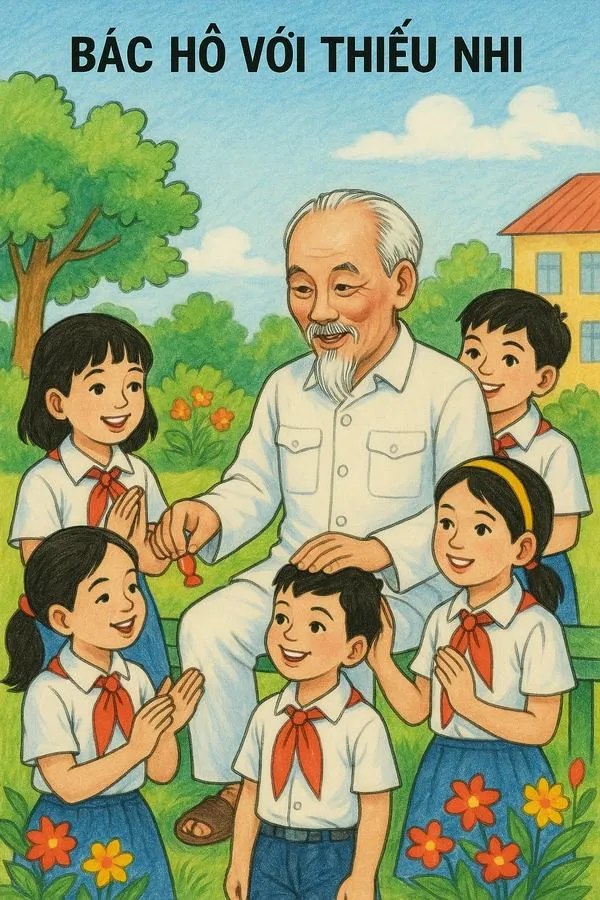 Ảnh Bác Hồ bên trẻ em với bó hoa nhỏ xinh giản dị