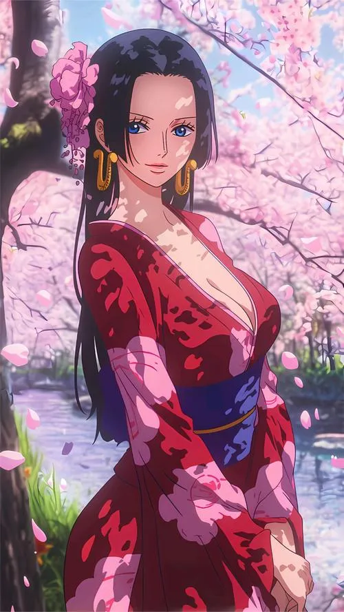 Ảnh bìa Boa Hancock ngồi kiêu kỳ, ghế quyền lực và tông đỏ vàng tạo cảm giác nữ vương thật sự