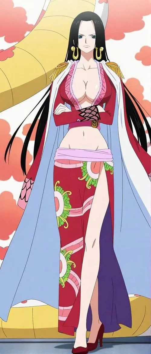 Ảnh anime Boa Hancock mặc kimono đỏ, nền hoa nở dịu, ánh mắt lạnh mà vẫn quyến rũ đúng chất Amazon Lily