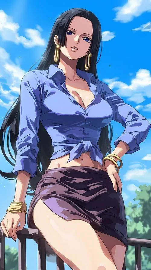 Ảnh fanart Boa Hancock mặc váy đỏ xẻ, tư thế cằm hất, tông đỏ đen vàng cho vibe quyền lực rõ rệt