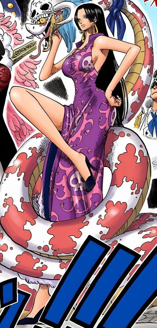 Hình anime Boa Hancock dáng cao áp đảo, váy tím ôm sát, tóc đen dài và bông tai rắn vàng
